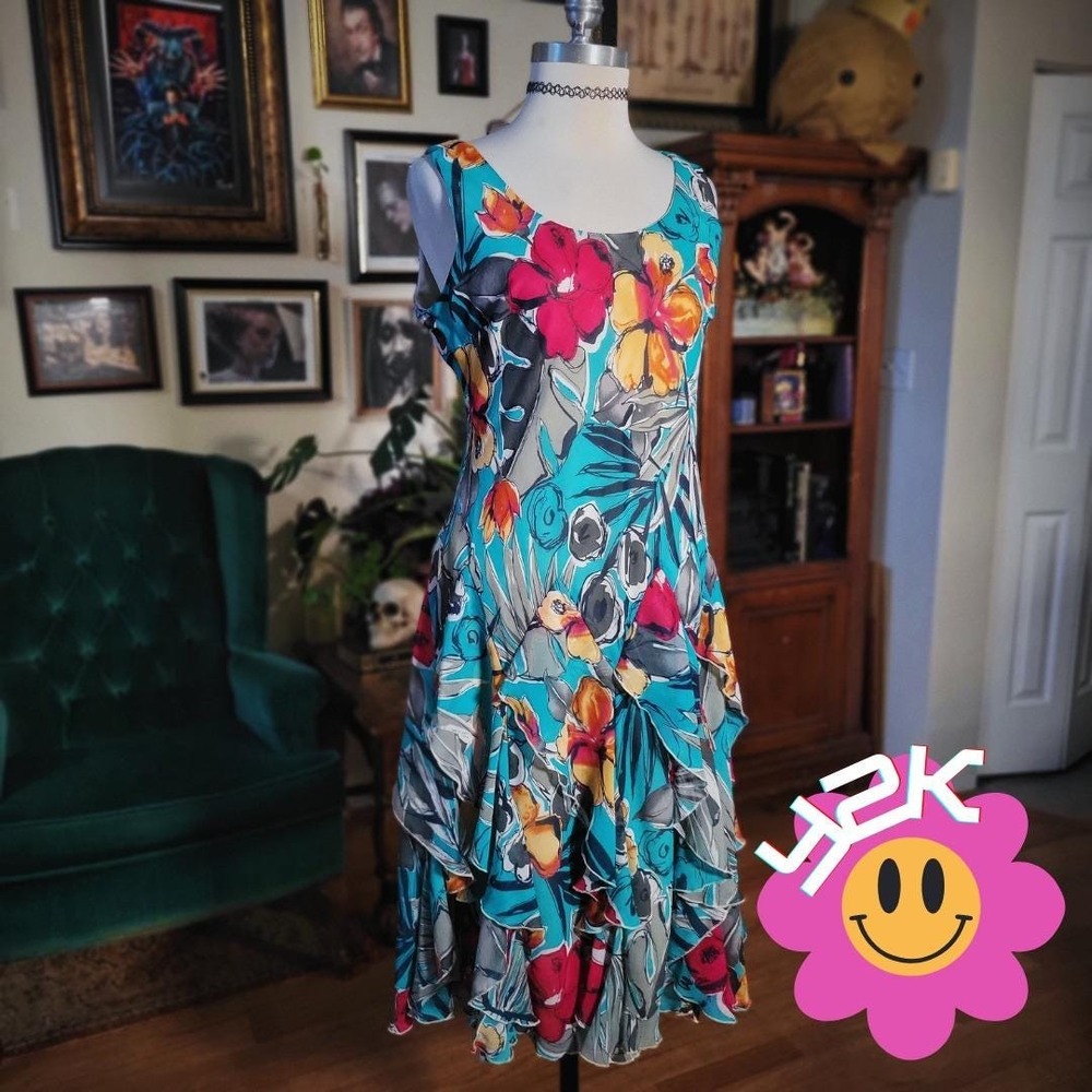 Vintage Y2K SIGNATURE By Robbie Bee Floral Ruffle Teal Pink Yellow Women's Dress